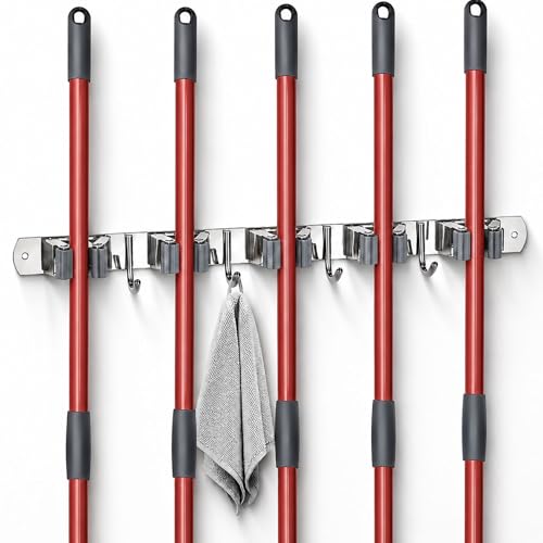 Image of voze 5 Racks and 4 Hooks Mop and Broom Holder Wall Mount, Self Adhesive Heavy Duty Broom Hanger Organizer Storage Tool Racks for Kitchen Garden Laundry Garage