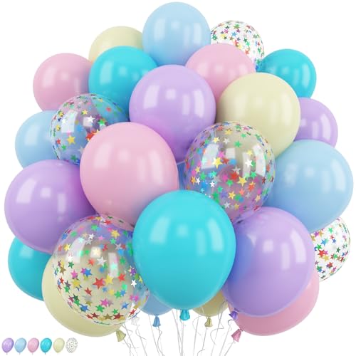 Image of Pastel Balloons Pastel Rainbow Balloon Set Colorful Multicolor Macaron Pink Purple Blue Yellow Birthday Party Decorations with Star Confetti for Kid Boys Girls Candy Easter Baby Shower Wedding