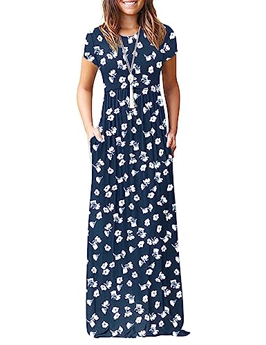 Image of AUSELILY Women's Summer Short Sleeve Loose Plain Casual Long Maxi Dresses | Year Round wear solid floral print, Casual wear, Empire waist, Floor length, Side pockets