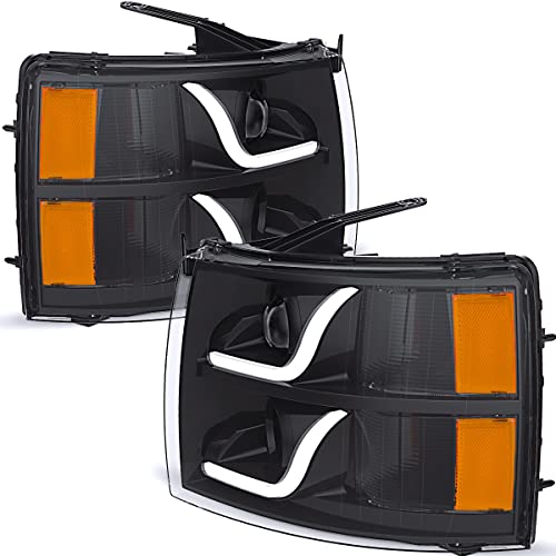 OEDRO LED DRL Headlight for 07-13 Silverado 1500/07-14 Silverado 2500HD 3500HD, Black Housing Clear Lens Amber Reflector - Pair Set