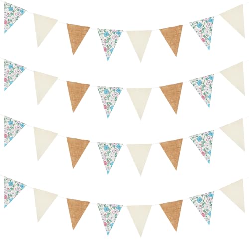 Image of Zwiebeco 39Ft Beige Floral Fabric Pennant Banner Vintage Burlap Triangle Flag Retro Flower Bunting Party Decoration for Birthday Engagement Wedding Bridal Baby Shower Rustic Village Home Garden Decor
