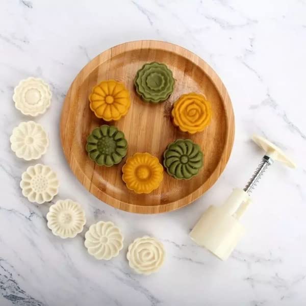 SARVASHVA TRENDS Moon Cake Mold 4 Pcs, Mid Autumn Festival DIY Hand Press Cookie Stamps Pastry Tool Moon Cake Maker, Flower Mode Patterns 1 Mold 4 Stamps 50g (White) 2