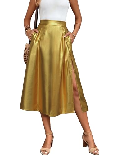 Stylish Women's Faux Leather Lightweight Midi Skirt Elegant Elastic High Waisted Stretchy Skirts with Side Slit