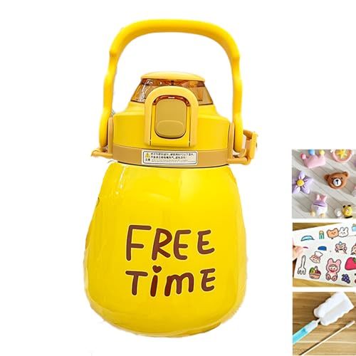 大容量魔法瓶 水筒 1リットル 316ステンレス ボトル 保温 保冷 真空断熱 ストロータイプ 肩ベルト付き ワンタッチ蓋 直飲み 広口 洗いやすい 漏れ防止 お茶 飲料対応 運びに便利 おしゃれ 可愛い 大人 子供用 (イエロー)