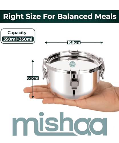 Image of Mishaa Steel Leakproof Tiffin /Lunch Box Set of 2 (350ML Each), Airtight & Spill-Proof Container for Curry & Liquid Items, Steel Lunch Box for School, College & Office, Suitable for Men, Women & Kids