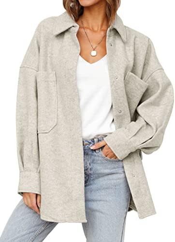 MEROKEETY Womens Long Sleeve Wool Shacket Jacket Lapel Button Down Coats Outwear with Pockets, Oatmeal, S