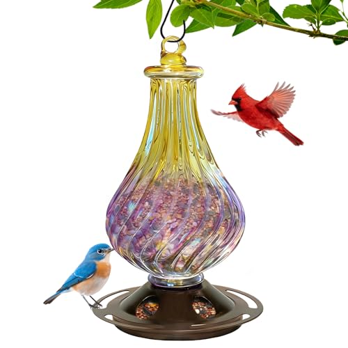 Bird Feeders for Outdoors – Hand Blown Glass Hanging Bird Feeder with Metal Base, 5 Feeding Ports, 24 oz Hanging Wild Bird Feeder for Cardinals & Blue Jays, Garden Decor Gift