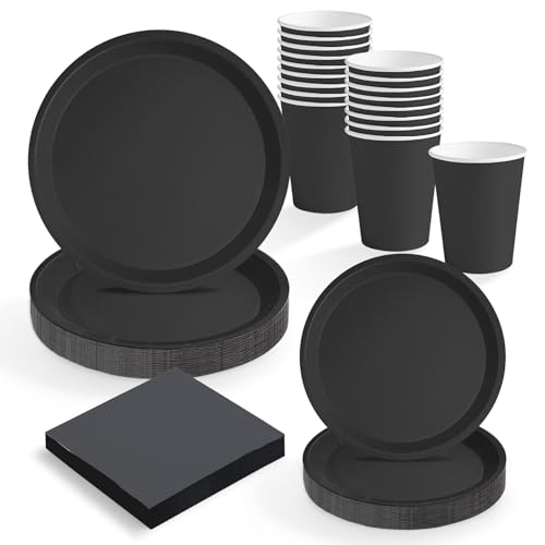 MAXI PRODUCTS - Conjunto de louça descartável festa 20 pessoas preto - 114 peças - copos cartão 270 cc pratos de cartão Ø 17 e Ø 20,5 cm guardanapos de papel 25 x 25 cm - Utensílios para aniversários