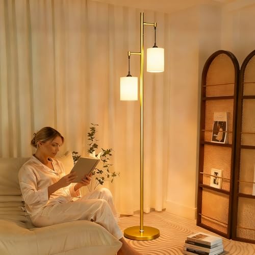 Image of Lightdot 65IN Gold Floor Lamp for Living Room, Industrial 2-Light Tree Floor Lamps with Linen Shade, Modern Standing Tall Lamp with 5Lbs Heavy Base for Bedroom /Sofa Beside /Corner Decor(Bulb Included)