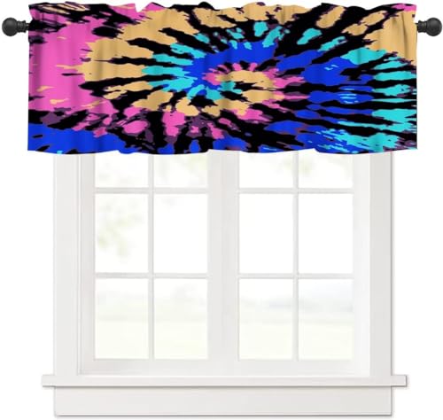 Image of Swirl Tie Dye Window Valance Curtain, Retro Spiral Hippie Style Chic Colorful Watercolor Window Valances Treatments for Kitchen Living Room Cafe Decor 54'x18', 1 Panel