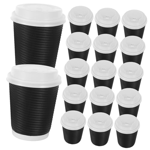 CHICAMPERA 50個断熱波状紙コーヒーカップ 蓋付き使い捨てカップ ホットドリンク対応 紙製カフェ用保温タンブラー ブラック 軽量携帯便利パーテ