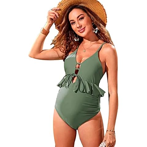 Tofern Umstandsbadeanzug Damen Taille mit Lotusblatt Maternity Einteiliger Badeanzug Verstellbarer Rücken-Bondage Bademode V Ausschnitt Schwangerschaft Bikini, Badeanzüge für Schwangere Cover