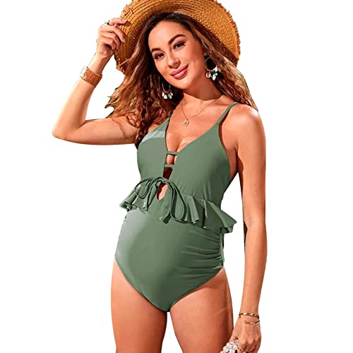 Tofern Maternity Swimsuit One Piece V Neck Pregnancy Swimwear Bathing Suit Ruffled Maternity Bikini Monokini Green,L #TOP6
