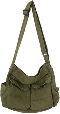 gofidin Canvas Shoulder Tote Bag with Multiple Pockets Shoulder Bags Women Ladies Handbag Boy Girls Canvas Crossbody Teen Purse(green)