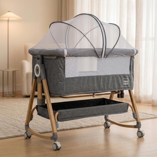 Image of Mee Mee Regal Sway Cradle for New Born Baby and Swing Anti Sleep Tilt Mode /Ultra-Light Cradle with Patented Rocking & Mosquito Net, Detachable 360 Swivel Wheels (Brown Grey)