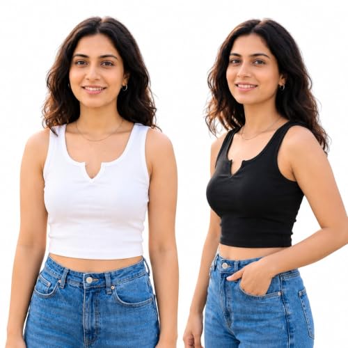 Image of Women's Ribbed Tank Top Pack of 2 Sleeveless Notch V-Neck Fitted Stretchable Crop Top Combo for Casual Wear, Gym, Layering, Summer Fashion (White & Black).