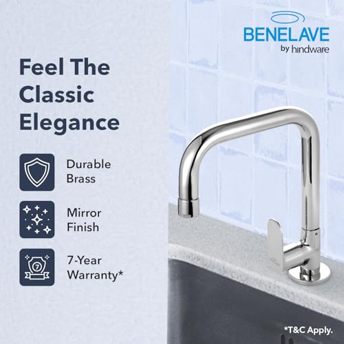 Image of Benelave by Hindware Sink Tap with Raised J-Spout for Kitchen | Made of Brass | Mirror-Like Chrome Polish Finish | Better Reach | Deck Mount Installation | Volga Range | 7-Year Manufacturer Warranty