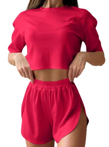 Image of Remidoo Women's Short Sleeve T Shirts And Shorts Side Slit Crewneck Pajamas Set Red X-Large