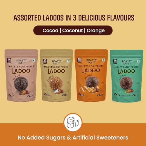 Image of Roasty Tasty Sugar Free Assorted Pack of Millet & Dryfruit Ladoo - 4 Flavours - 120g each - Orange, Cocoa, Coconut, Elaichi - 480g