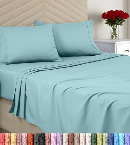 Image of Utopia Bedding Queen Sheet Set, Soft Microfiber 4 Piece Bed Sheets with 15 inch Deep Pocket - Easy Care Brushed Microfiber (Queen, Spa Blue)