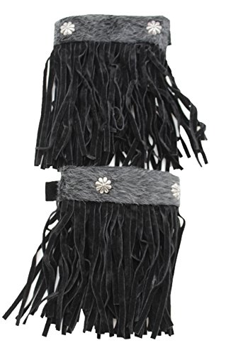 TFJ Women Western Fashion Boot Toppers Knee High Flower Charm Black Fringes A Pair4