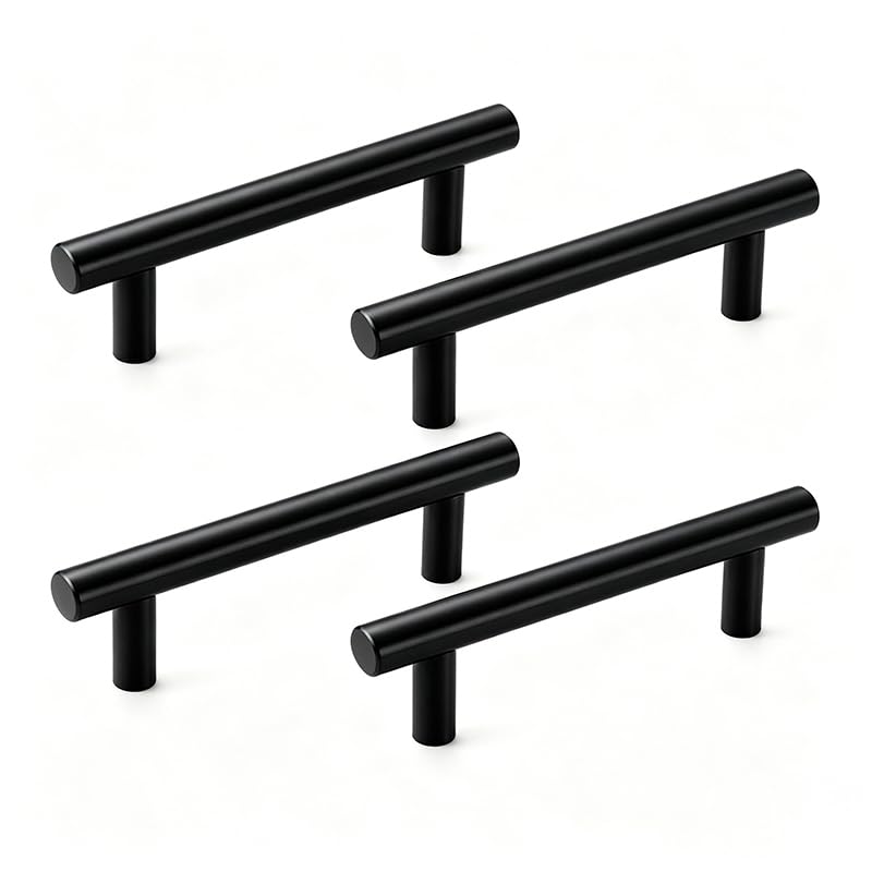 BroLuka 4Pcs Matte Cabinet Pull Handles, 64mm Hole Center T Bar Handles for Kitchen, Drawer and Cupboard, 100mm Length Stainless Steel（Black
