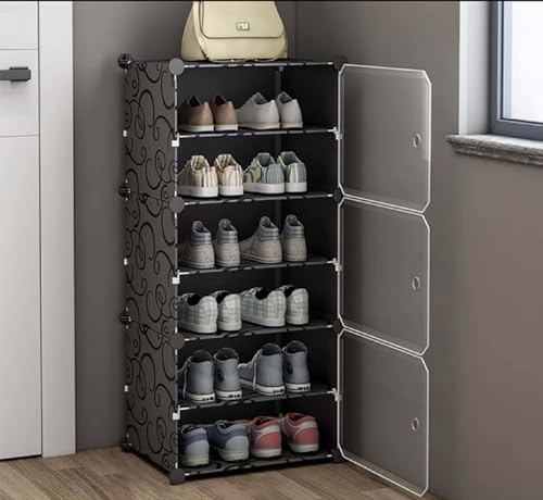 Image of AYSIS Plastic Shoe Rack for Home | 𝟔 𝐒𝐡𝐞𝐥𝐟 DIY Shoe Rack with Door 𝐌𝐚𝐠𝐧𝐞𝐭𝐬 for Home Storage Plastic Box Organizer, Metal Door Frame, Chappal Slipper Sandals Stand (Black, 6-Shelf-3-Door)