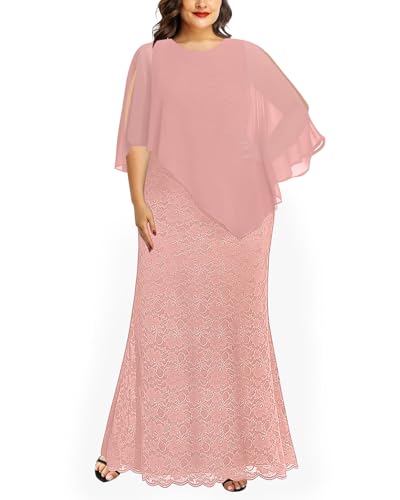 Image of Women's Plus Size Cape Dress with Chiffon Overlay Gown Formal Evening Lace Long Mermaid Dresses 2024