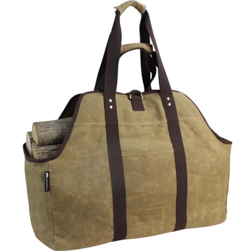 ZORMY Waxed Canvas Log Carrier Tote Bag Extra Large Durable Firewood Holder with Handles and Shoulder Strap Heavy Duty Wood Carrying Bag for Fireplaces & Wood Stoves (Khaki)
