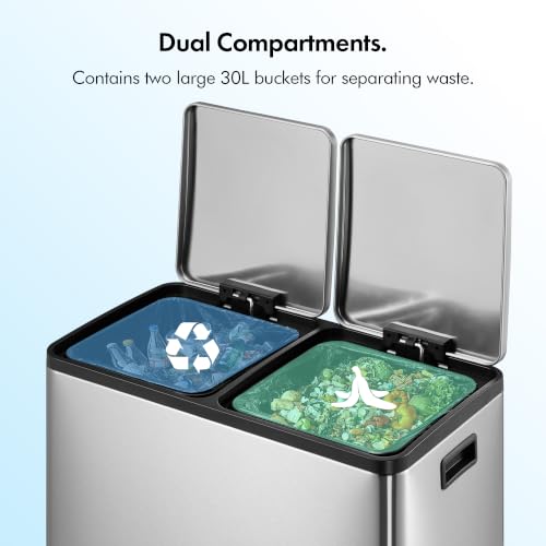 Image of VonHaus Double Recycling Bin 60L for Kitchen - Stainless Steel Recycling Bin with Two Compartments - 2 x 30L Removeable Inner Bins Dual Waste Bin with Pedal Feet - Dual Recycling Bin for Kitchen