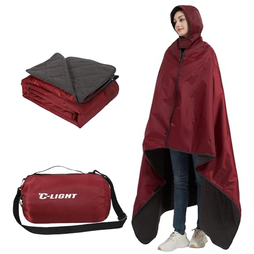 C-LIGHT Outdoor Hooded Blanket, Wearable Stadium Blankets Waterproof Windproof, Emergency Warm Blanket for Rain&Cold Weather - Perfect for Picnic, Camping, Outdoor Sports, Stadium,Beach (WineRed)