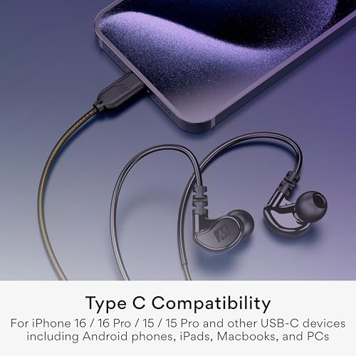 Image of MEE Audio M6 Sport USB-C Wired Earbuds with Memory Wire Earhooks, Headset with Mic & 3-Button Remote for iPhone 15, iPad, Other USB Type C Devices; in Ear Headphones for Running /Gym /Workouts, Black