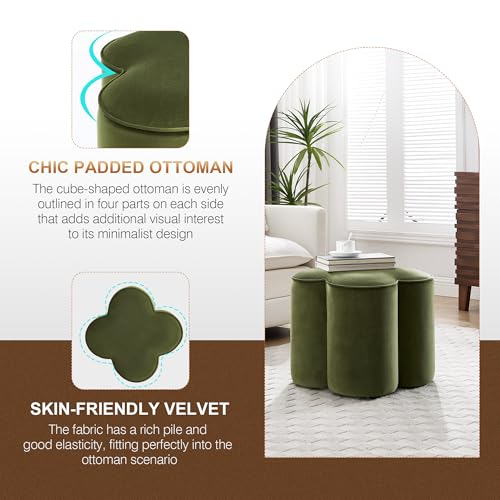 Image of Zesthouse Flower Pouf Ottoman Foot Rest, Velvet Fabric Poofy Ottoman Footstool for Couch, Modern Living Room Stool Seat, Cute Square Vanity Stool for Bedroom Dorm, Green