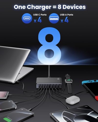 Image of TECHBLAZE 200W GaN 3 Super Fast Charger Adapter, 8-Port (4 USB A+ 4 Type- C) with PD Technology, Universal charger for iPhone, Android, MacBook, Type-C Laptops, Compact Multi-Device Charging Solution.