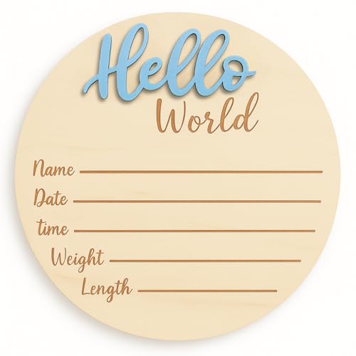 Baby Announcement Sign – 6” Wooden Hello World Newborn Name Sign, Hospital Birth Stat Plaque, Gender-Neutral Welcome Baby Keepsake, Personalized Photo Prop for Boys & Girls, Newborn Gift (Blue)