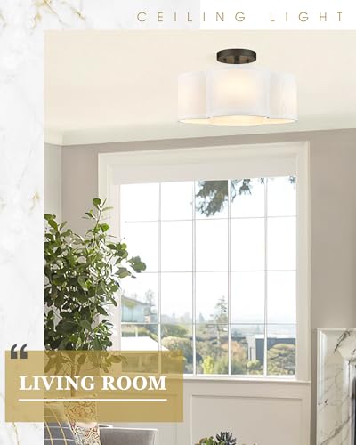 Image of Black Semi Flush Mount Ceiling Light, Close to Ceiling Light Fixtures with Fabric Shade in Quatrefoil Shape, Farmhouse 13-inch Ceiling Light for Kitchen Hallway Bedroom, AD-22007-4SF-BK