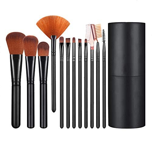 Sh.Huda12 Pcs Black Makeup Brush Set with Holder & Storage Box - Professional Beauty Make up Brushes for Foundation, Eyeshadow, Powder, Eyebrow, Blush, and More