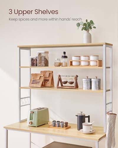 Image of VASAGLE Coffee Bar, 39.4 Inches Baker's Rack for Kitchen with Storage, 6-Tier Kitchen Shelves with 6 Hooks, Microwave Stand, Modern, Golden Oak and Cloud White UKKS039Y09