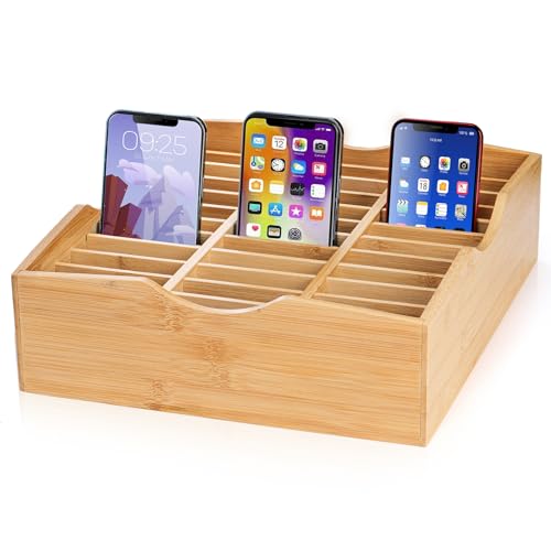 Lawei 36-Grid Bamboo Cell Phones Storage Box, Desktop Mobile Phone Holder Organizer Storage Box for...