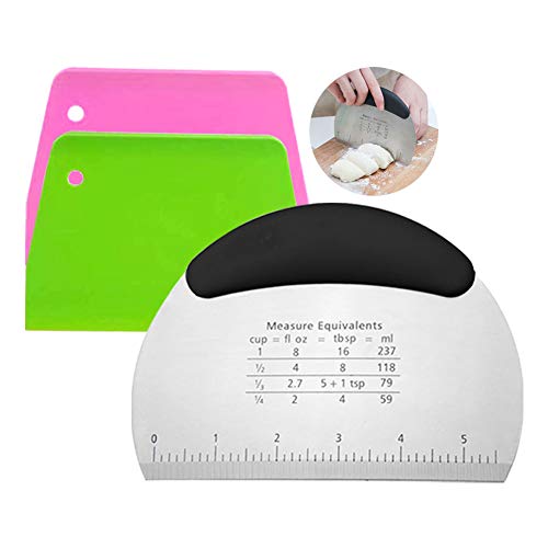 Snowyee Bench Scraper, for Dough Pastry Cake Food Mover Stainless Steel and Rubber Handle with 2 Piece Plastic Cutter (3 in 1 Set)
