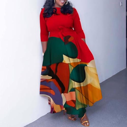 Image of BFFBABY Women's Wrap V Neck Plus Size Maxi Dresses 3 /4 Sleeves Chain Floral Printed Swing Dress with Belt