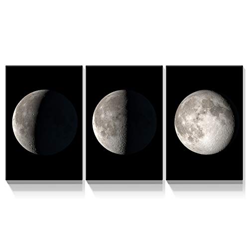 Denozer 3 Panel Moon Phases Canvas Wall Art 16x24 inch Black and White Print Pictures on Canvas Wall Painting Decor for Living Room Bedroom Dining Room Home Office