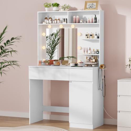 Image of Vanity Desk with Mirror, White, for Small Spaces and Bedrooms