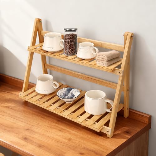 Bgzdxhxyr Bamboo Mug Holder Countertop, 2 Tiers Cup Shelf Organizer Coffee Station Organizer, Matcha...
