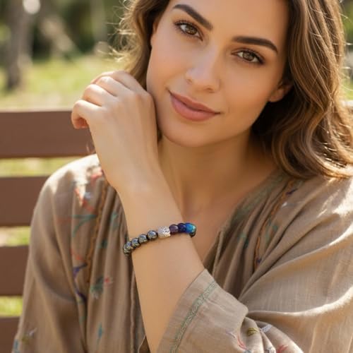 Image of Young & Forever 7 Chakra Healing Crystal Beads Bracelet for Men & Women - Natural Lava Rock & Onyx Stone Reiki Energy Yoga Meditation Bracelet with Hamsa Hand, Buddha, & Evil Eye Charms