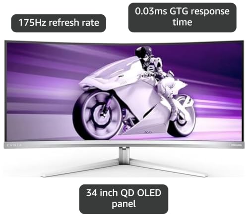 Image of Philips Evnia 34M2C8600 QD OLED Curved Gaming Monitor w /UltraWide WQHD Resolution, 175Hz, AMD FreeSync Premium Pro, USB-C Docking, Height Adjustable, 4-Year Advance Replacement, Xbox PS5 Switch,White