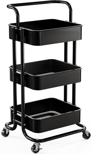 Pipishell 3 Tier Mesh Utility Cart, Rolling Metal Organization Cart with Handle and Lockable Wheels, Multifunctional Storage Shelves for Kitchen Living Room Office Black
