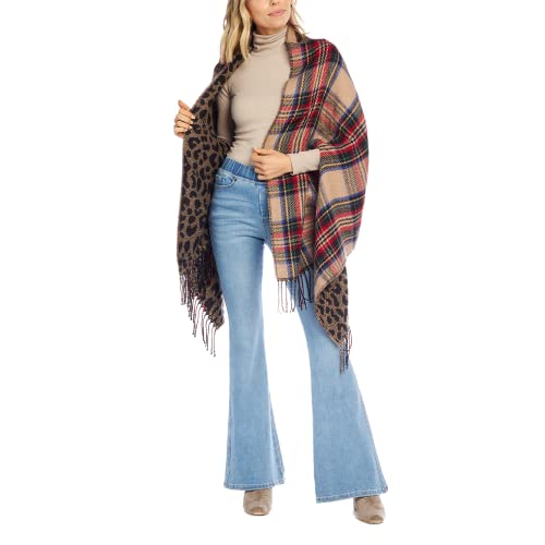 Mud Pie Reversible Tartan and Leopard Womens Scarf Wrap, One Size, Tan