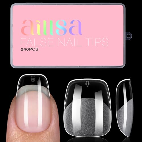 AILLSA Short Square Round Fake Nail Tips 240Pcs Soft Nail Gel Tips Pre-Shaped Acrylic Nail Tips, Half Matte Full Cover Press on Tips for Nail Extension Home DIY 15 Sizes Gelly Tips