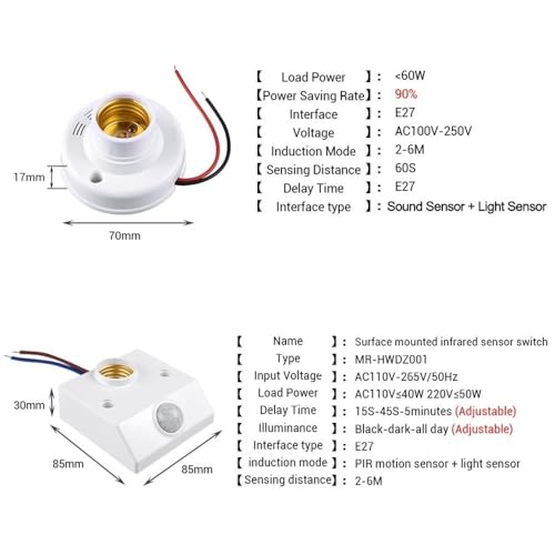 Interruptor de luz de sonido E27 con sensor de movimiento PIR automático para techo 7